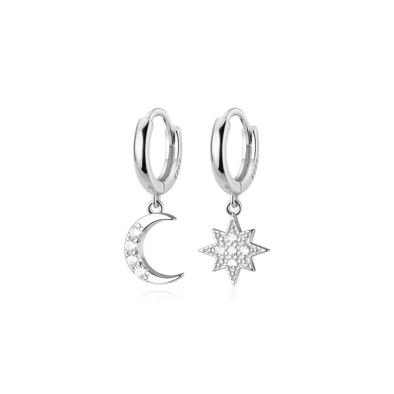 Reffeer Solid 925 Sterling Silver CZ Star Moon Drop Hoop Earrings for Women Teen Girls Crystal Moon Star Hoop Earrings Dangle (A-Silver) - Image 1